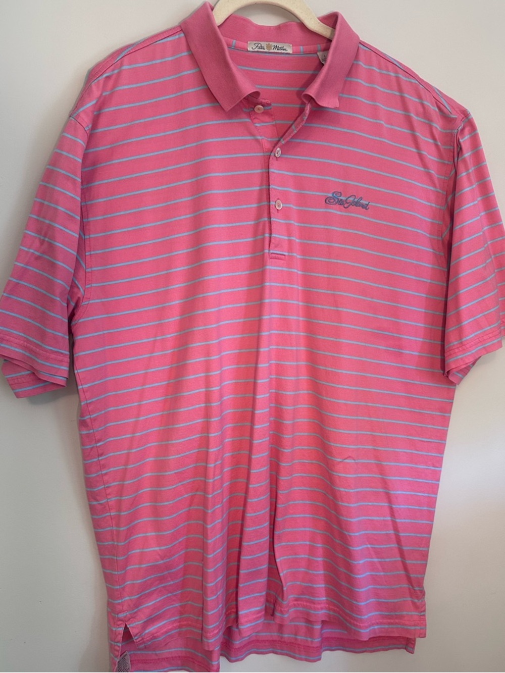 Peter Millar Seaside Sea Island Pink Teal Striped Polo Pima Cotton Golf Size L